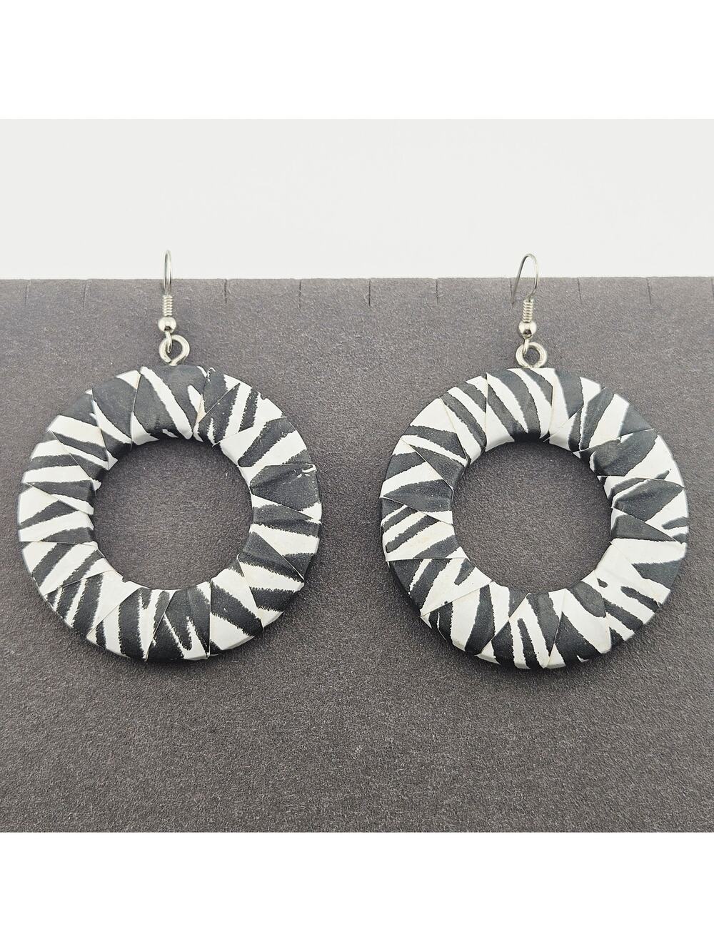 Zebra Stripe Open Circle Dangle Drop Earrings Whimsical Eclectic Animal Print